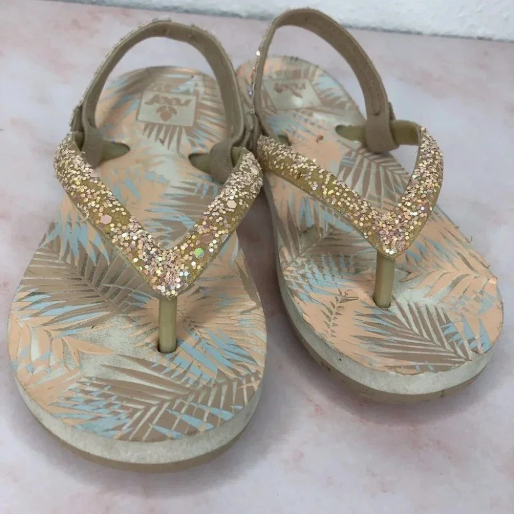 Reef‎ flip flops glitter peach tropical size 7-8 toddler